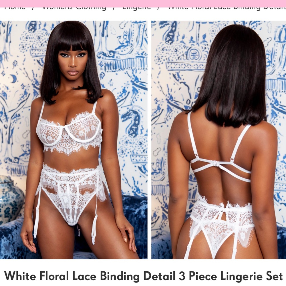 NWT*** PLT White floral lace binding detail lingerie set